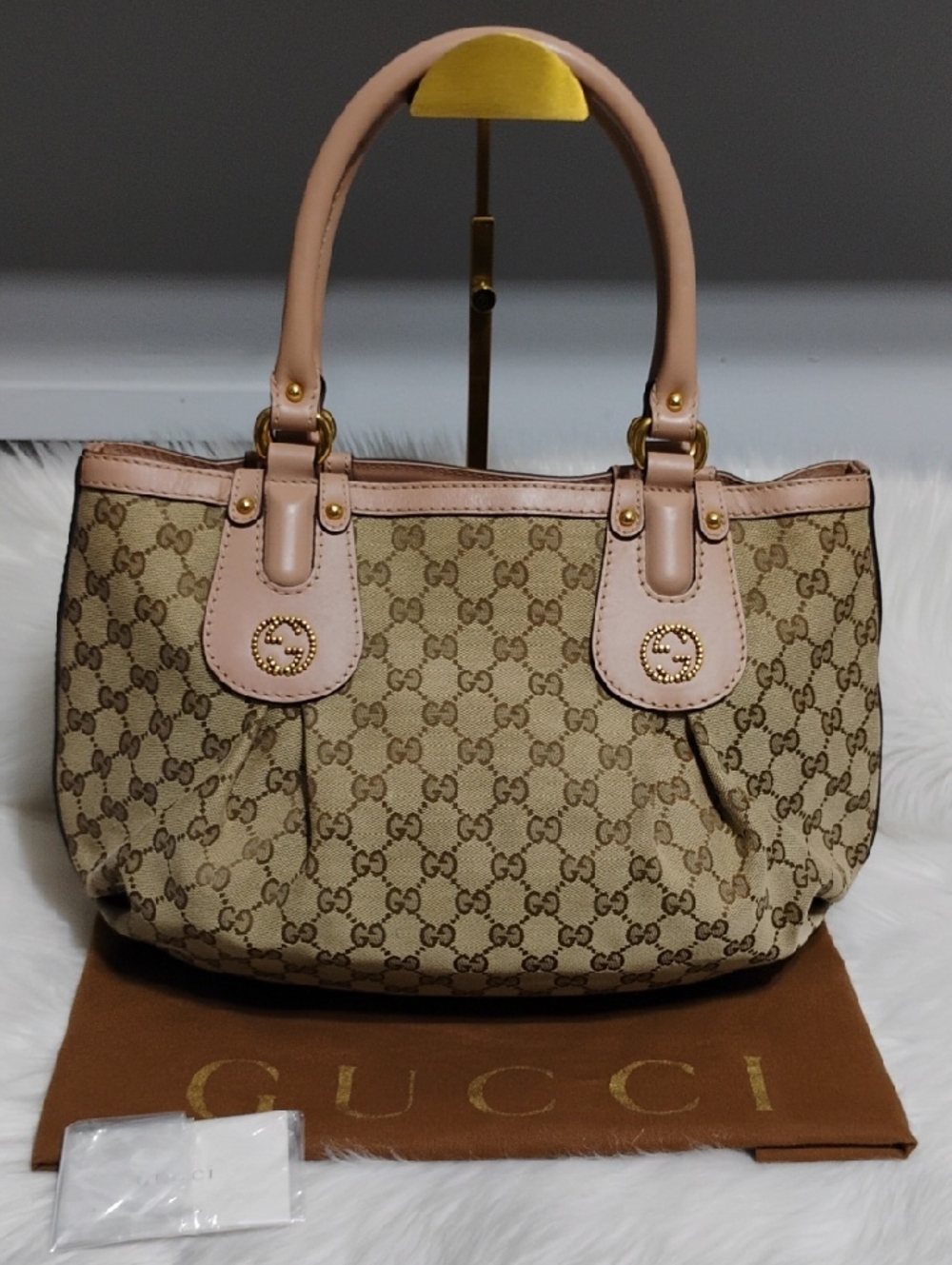 (#9) SALE! Gucci Scarlett GG Canvas Studded Tote W Pink Leather Trim & DB